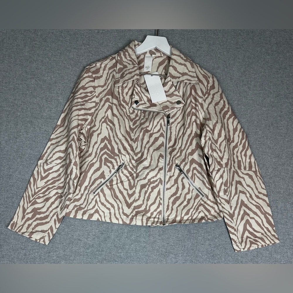 ady p Jacket Womens Large Beige Brown Zebra Animal Print‎ Moto Biker NWT Stylish